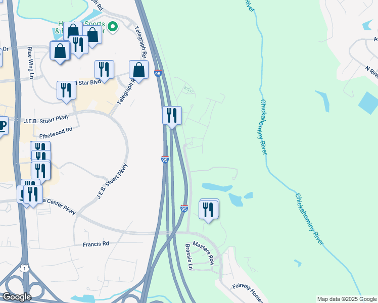 map of restaurants, bars, coffee shops, grocery stores, and more near 3900 Ironwoods Walk Place in Glen Allen