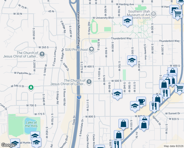 map of restaurants, bars, coffee shops, grocery stores, and more near 1123 West 425 South in Cedar City