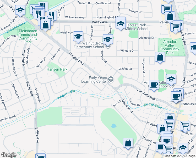 map of restaurants, bars, coffee shops, grocery stores, and more near 1661 Calle Santiago in Pleasanton