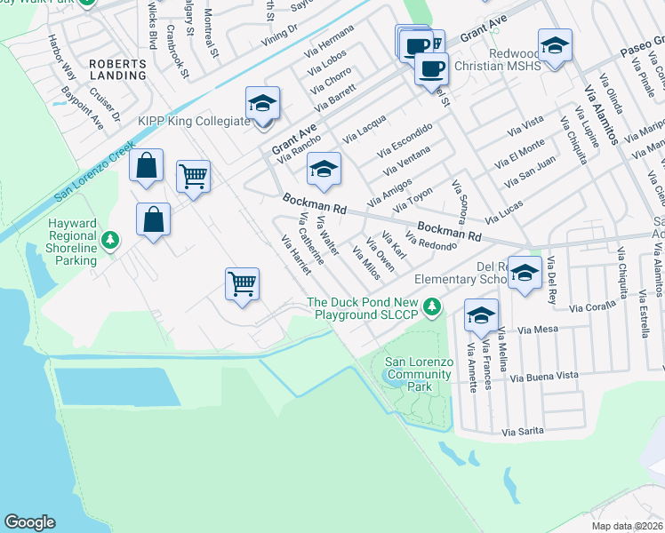 map of restaurants, bars, coffee shops, grocery stores, and more near 16132 Vía Catherine in San Lorenzo