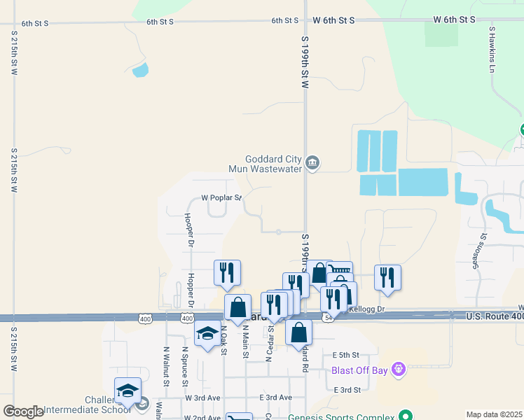 map of restaurants, bars, coffee shops, grocery stores, and more near 1327 South 199th Street West in Goddard