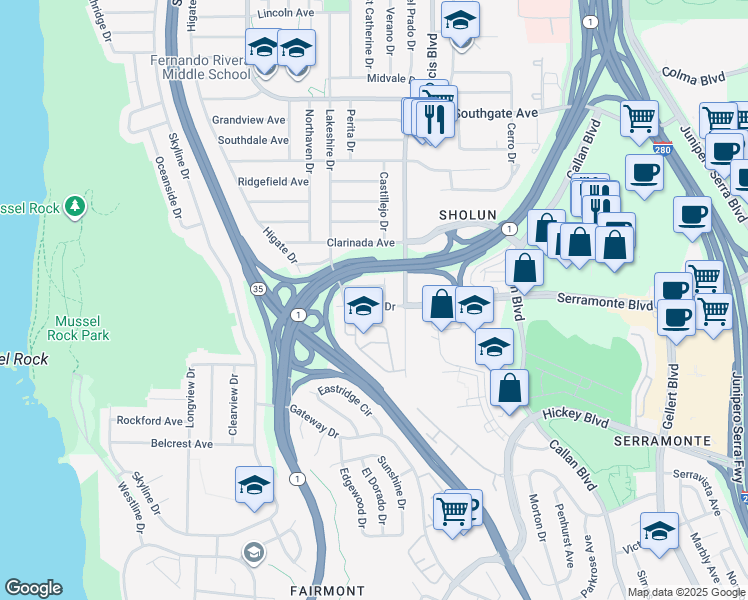 map of restaurants, bars, coffee shops, grocery stores, and more near 195 Castillejo Drive in Daly City
