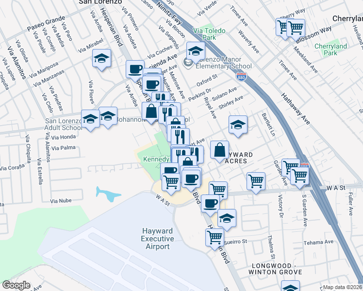 map of restaurants, bars, coffee shops, grocery stores, and more near 19390 Hesperian Boulevard in Hayward