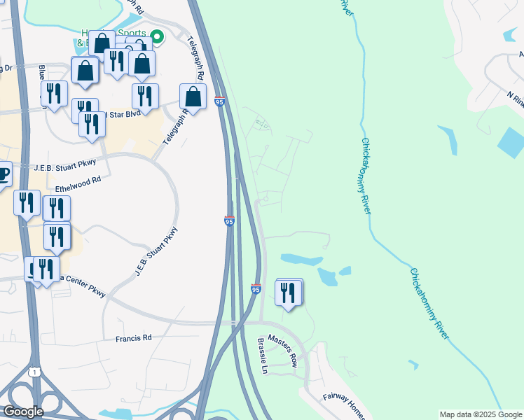 map of restaurants, bars, coffee shops, grocery stores, and more near 3900 Ironwoods Walk Place in Glen Allen