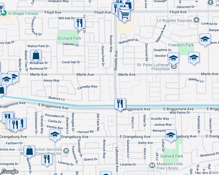 map of restaurants, bars, coffee shops, grocery stores, and more near 1798 Cashmere Drive in Modesto