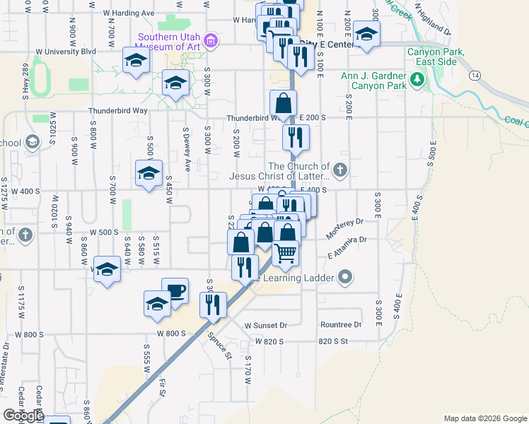 map of restaurants, bars, coffee shops, grocery stores, and more near 449 South 150 West in Cedar City