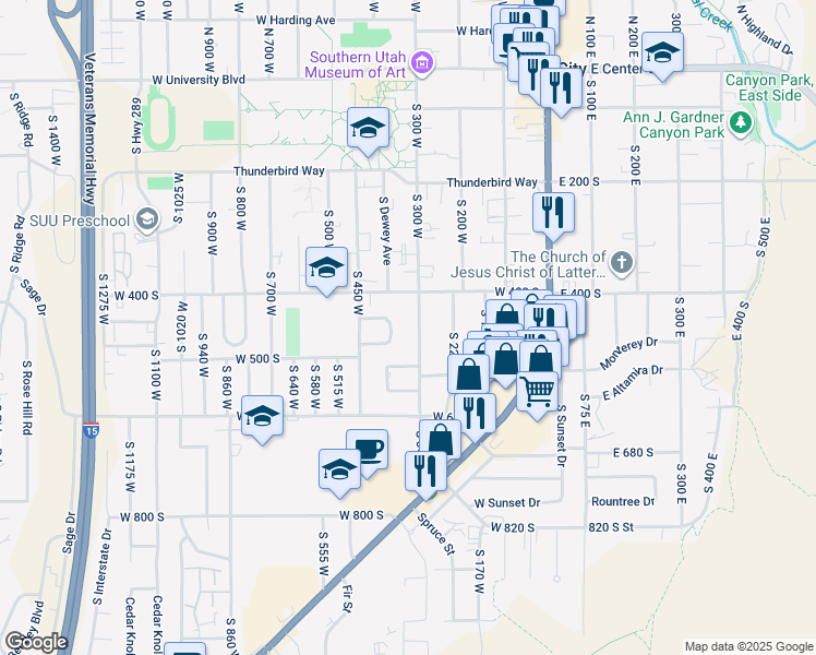 map of restaurants, bars, coffee shops, grocery stores, and more near 444 South 300 West in Cedar City