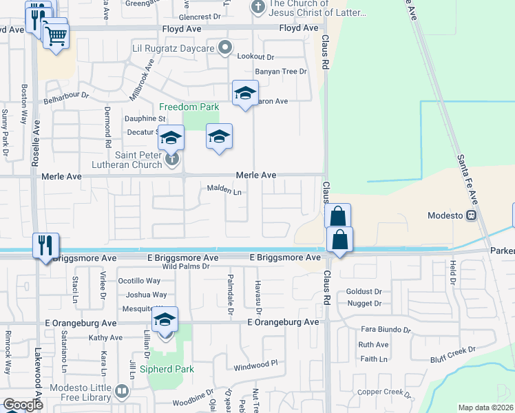 map of restaurants, bars, coffee shops, grocery stores, and more near 1729 Epping Avenue in Modesto