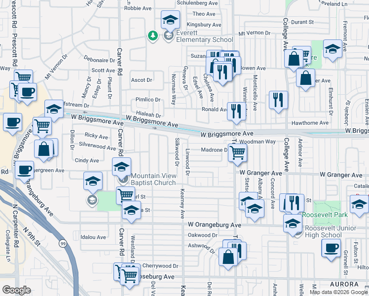 map of restaurants, bars, coffee shops, grocery stores, and more near 1710 Silkwood Drive in Modesto