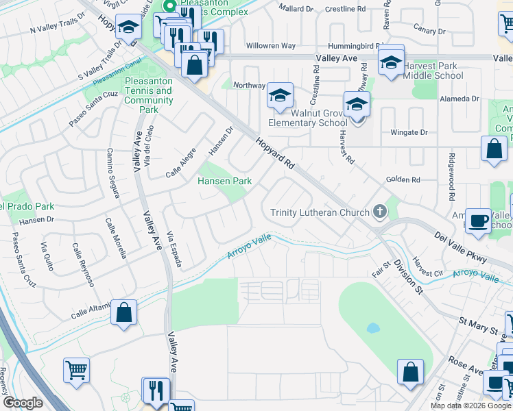 map of restaurants, bars, coffee shops, grocery stores, and more near 1833 Paseo del Cajon in Pleasanton