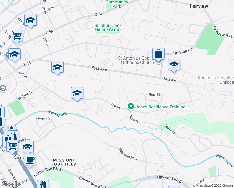 map of restaurants, bars, coffee shops, grocery stores, and more near 1827 June Marie Court in Hayward