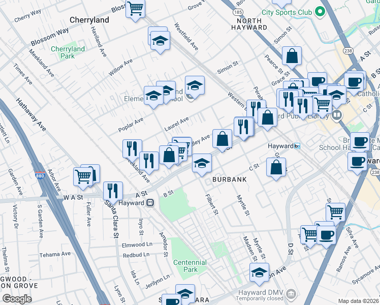 map of restaurants, bars, coffee shops, grocery stores, and more near 361 Smalley Avenue in Hayward