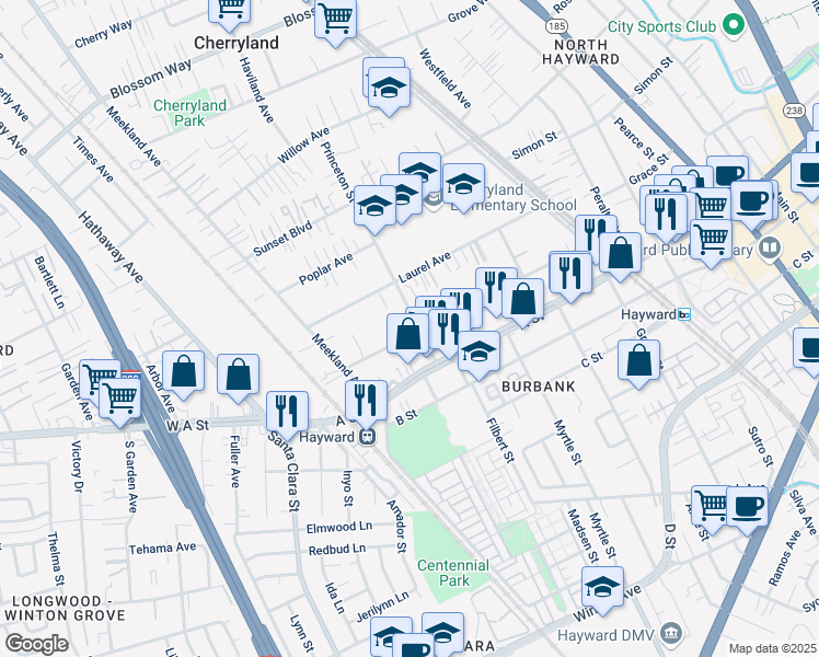map of restaurants, bars, coffee shops, grocery stores, and more near 316 Smalley Avenue in Hayward