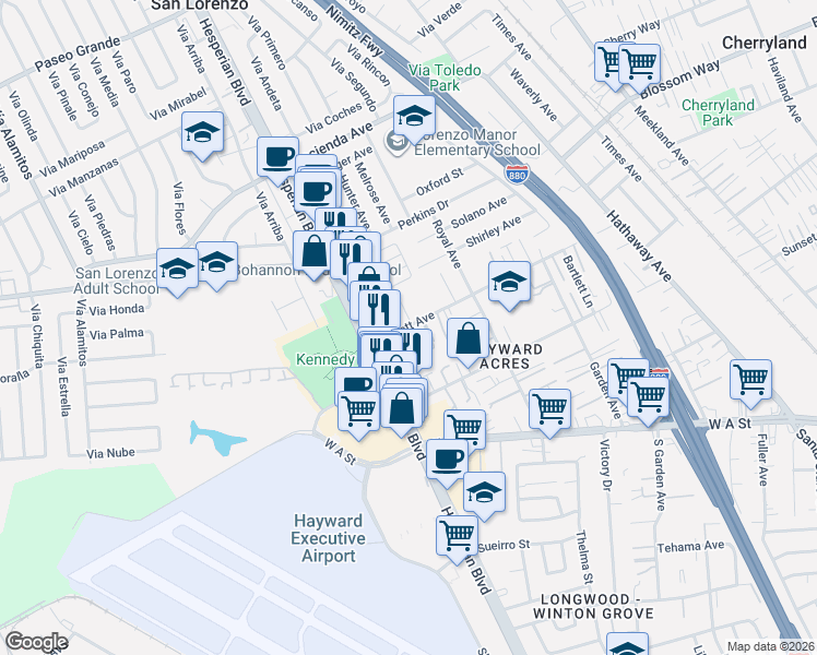 map of restaurants, bars, coffee shops, grocery stores, and more near 729 Bartlett Avenue in Hayward