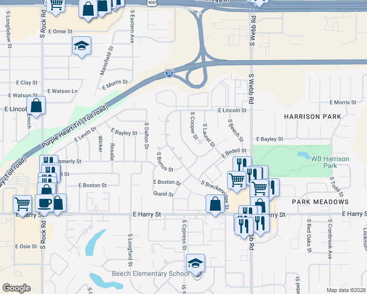 map of restaurants, bars, coffee shops, grocery stores, and more near 1020-1026 South Cypress Street in Wichita