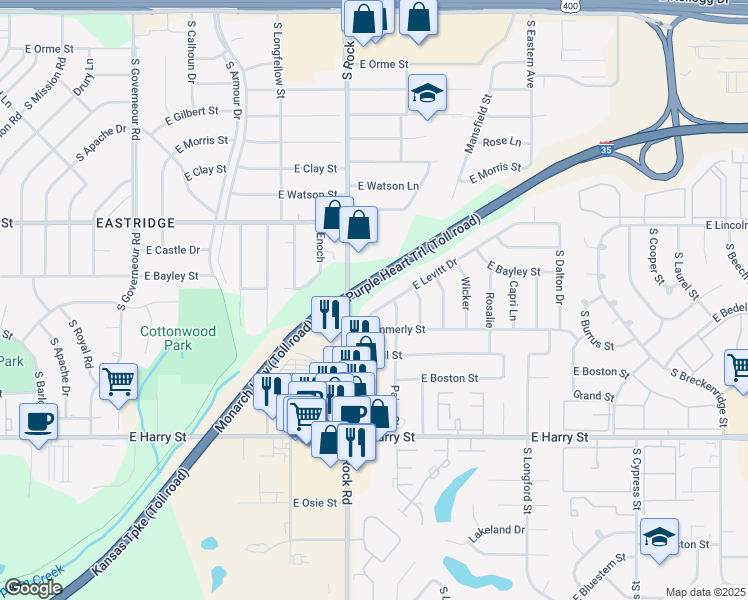 map of restaurants, bars, coffee shops, grocery stores, and more near 8018 East Levitt Drive in Wichita