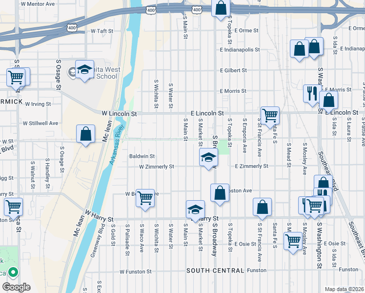 map of restaurants, bars, coffee shops, grocery stores, and more near 1302 South Main Street in Wichita