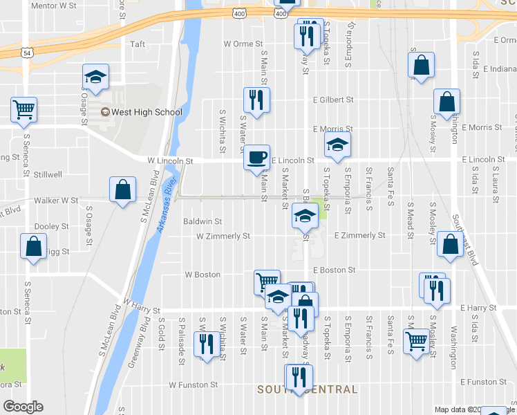 map of restaurants, bars, coffee shops, grocery stores, and more near 1302 South Main Street in Wichita
