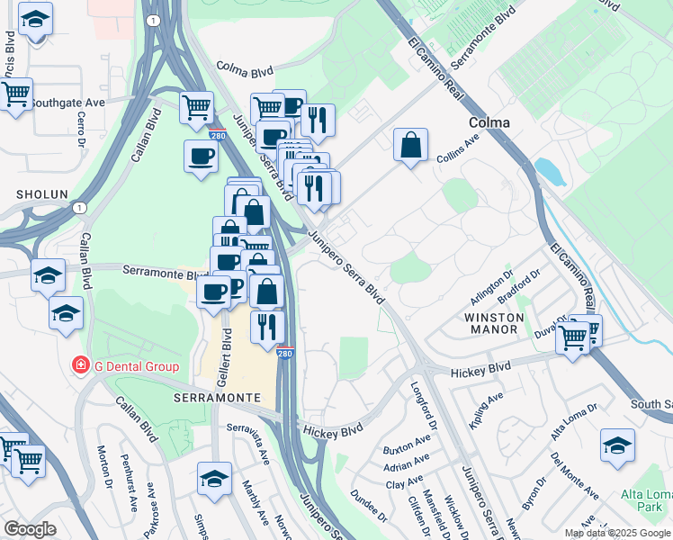 map of restaurants, bars, coffee shops, grocery stores, and more near 313 Philip Drive in Daly City