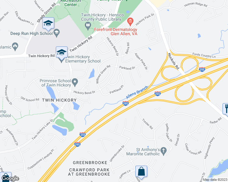 map of restaurants, bars, coffee shops, grocery stores, and more near 841 Parkland Place in Glen Allen