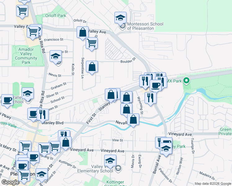 map of restaurants, bars, coffee shops, grocery stores, and more near 3618 Reflections Drive in Pleasanton