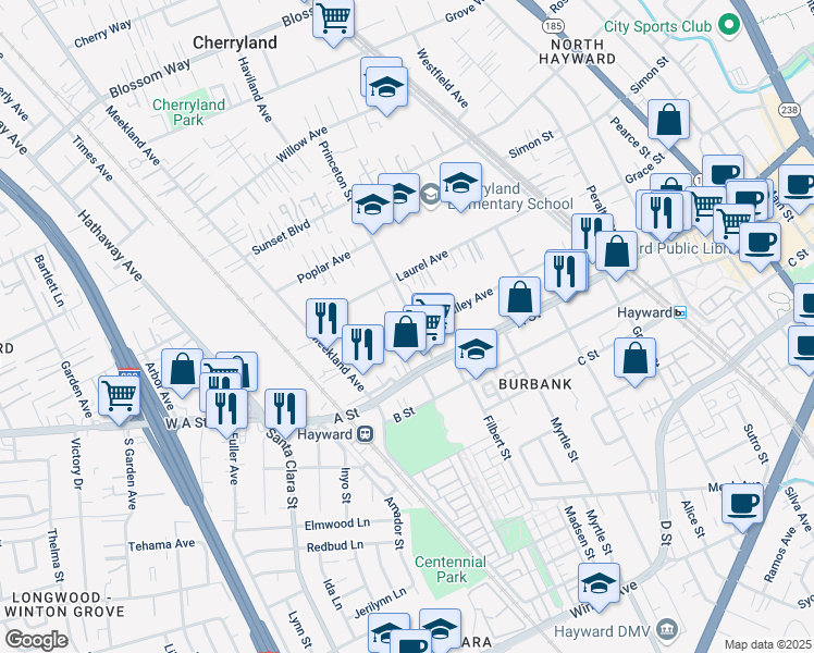map of restaurants, bars, coffee shops, grocery stores, and more near 316 Smalley Avenue in Hayward
