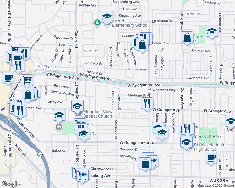 map of restaurants, bars, coffee shops, grocery stores, and more near 1710 Silkwood Drive in Modesto