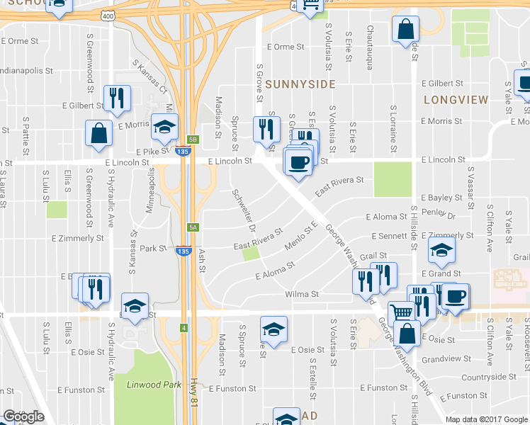 map of restaurants, bars, coffee shops, grocery stores, and more near 2328 East Mesita Street in Wichita