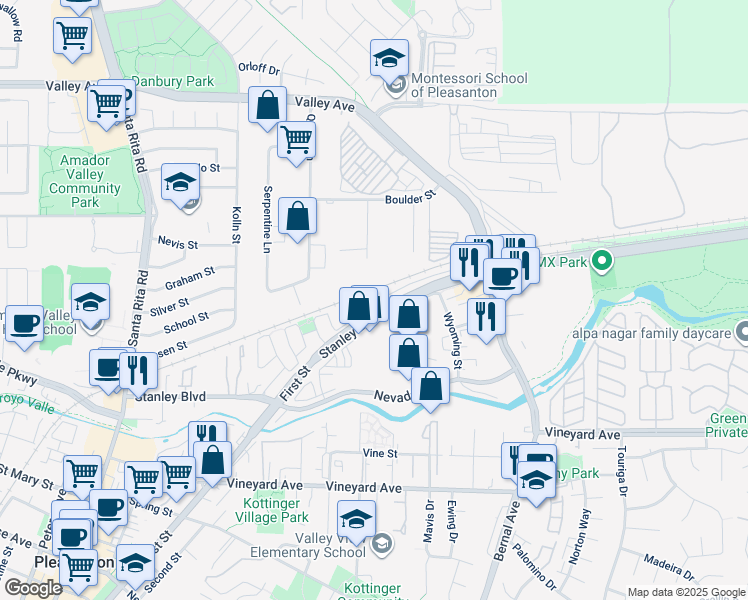 map of restaurants, bars, coffee shops, grocery stores, and more near 3618 Reflections Drive in Pleasanton