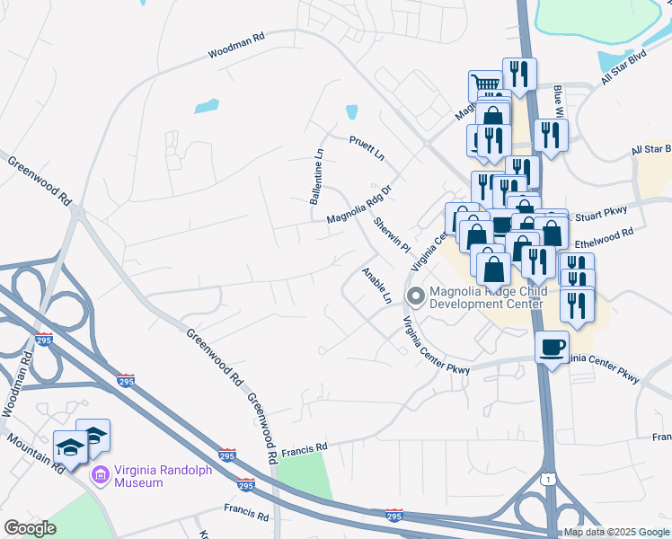 map of restaurants, bars, coffee shops, grocery stores, and more near 1805 Greenwood Glen Drive in Glen Allen