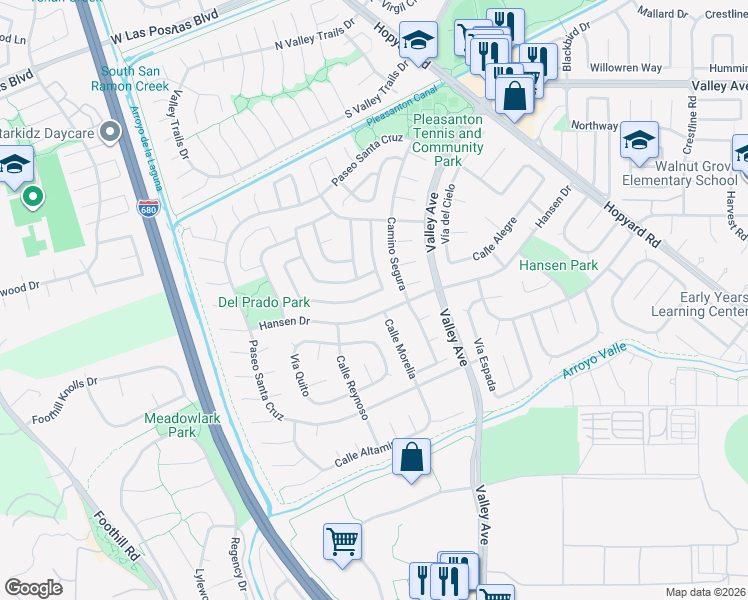 map of restaurants, bars, coffee shops, grocery stores, and more near 6334 Paseo Santa Maria in Pleasanton
