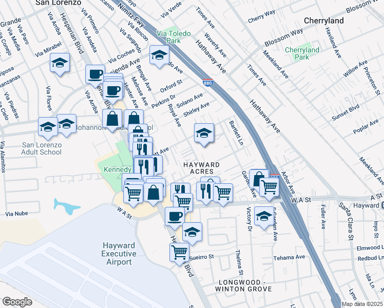 map of restaurants, bars, coffee shops, grocery stores, and more near 20167 Royal Avenue in Hayward