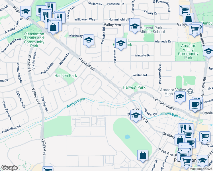 map of restaurants, bars, coffee shops, grocery stores, and more near 1661 Calle Santiago in Pleasanton