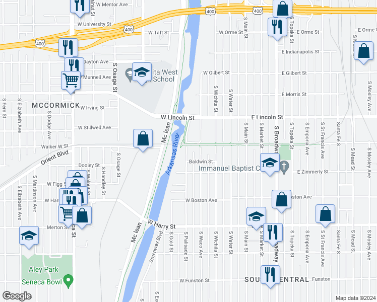 map of restaurants, bars, coffee shops, grocery stores, and more near 1305 South Waco Avenue in Wichita