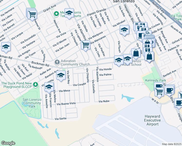 map of restaurants, bars, coffee shops, grocery stores, and more near 17221 Via Estrella in San Lorenzo