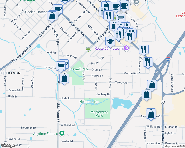 map of restaurants, bars, coffee shops, grocery stores, and more near 601 Willow Lane in Lebanon