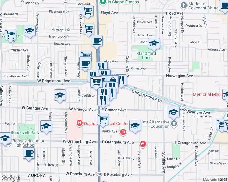 map of restaurants, bars, coffee shops, grocery stores, and more near 39 Mc Henry Village Way in Modesto