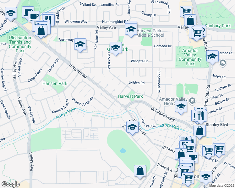 map of restaurants, bars, coffee shops, grocery stores, and more near 5077 Golden Road in Pleasanton