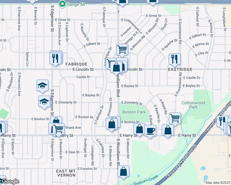 map of restaurants, bars, coffee shops, grocery stores, and more near 1029 South Woodlawn Street in Wichita