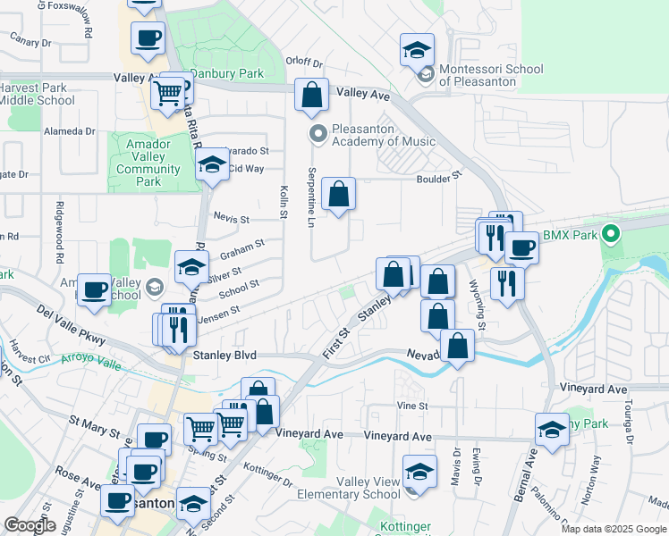 map of restaurants, bars, coffee shops, grocery stores, and more near 1075 Serpentine Lane in Pleasanton
