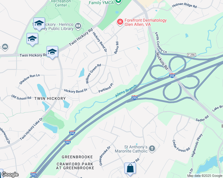 map of restaurants, bars, coffee shops, grocery stores, and more near 861 Parkland Place in Glen Allen