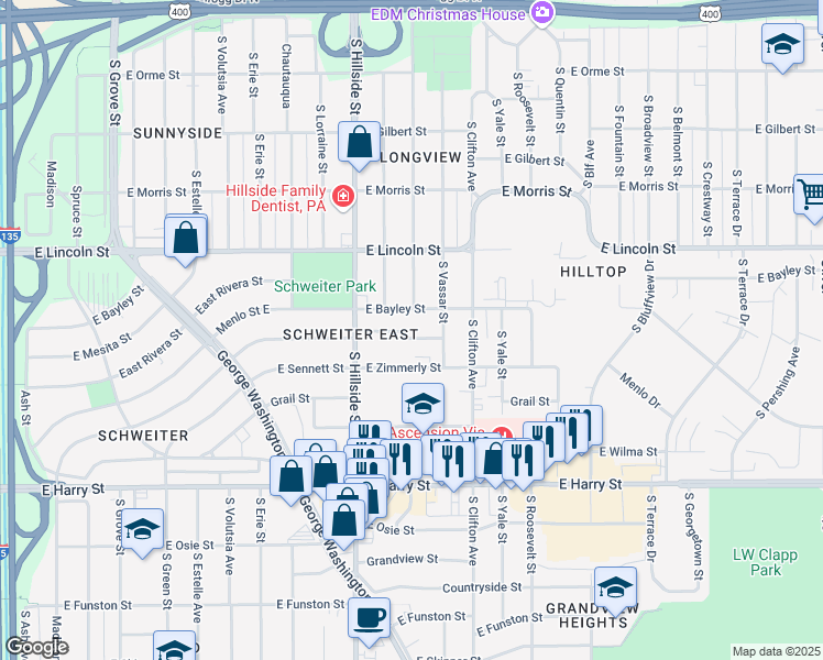 map of restaurants, bars, coffee shops, grocery stores, and more near 3400 Penley Drive in Wichita