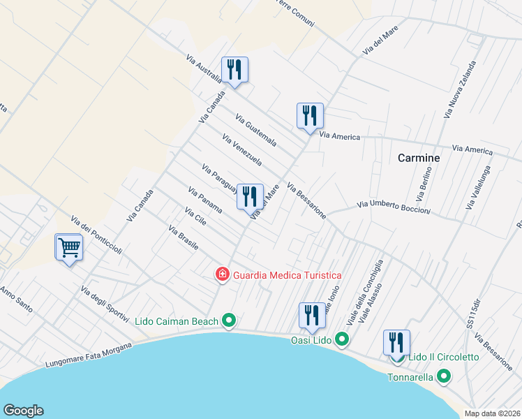 map of restaurants, bars, coffee shops, grocery stores, and more near 245 Via del Mare in Mazara del Vallo