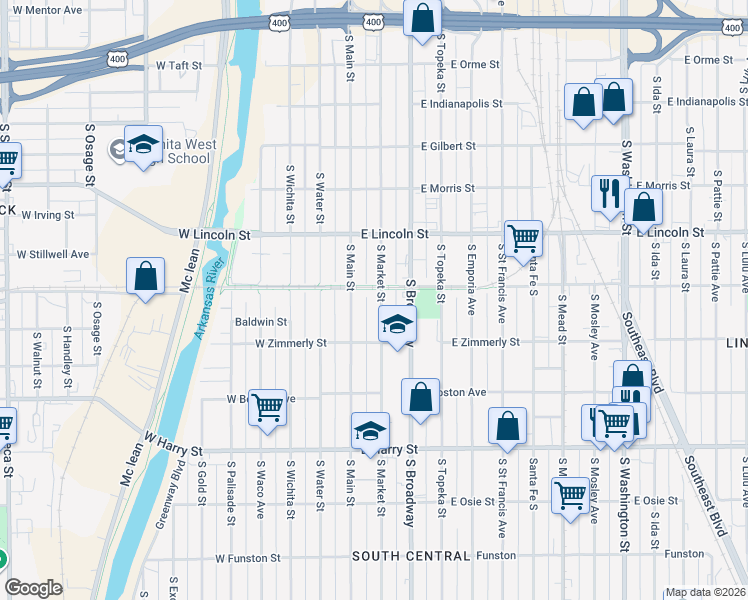 map of restaurants, bars, coffee shops, grocery stores, and more near 1306 South Market Street in Wichita