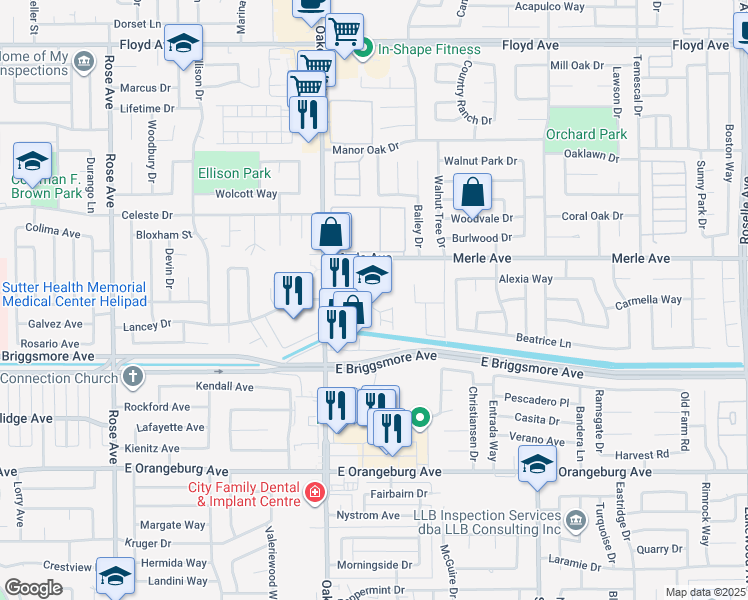 map of restaurants, bars, coffee shops, grocery stores, and more near 1800 Wisdom Way in Modesto