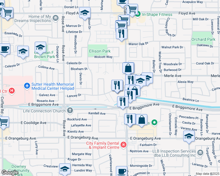 map of restaurants, bars, coffee shops, grocery stores, and more near 2041 Lancey Drive in Modesto