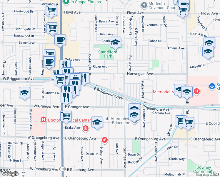 map of restaurants, bars, coffee shops, grocery stores, and more near 1712 Plaza De San Joaquin in Modesto