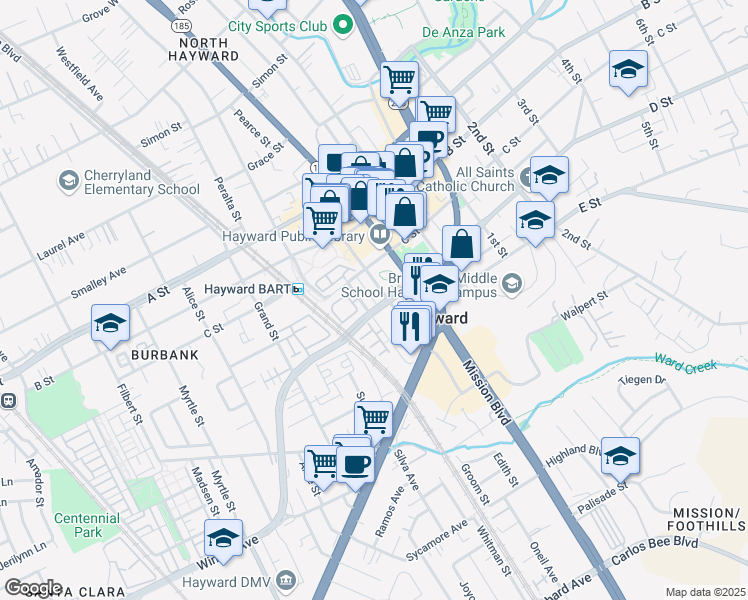 map of restaurants, bars, coffee shops, grocery stores, and more near 22763 Watkins Street in Hayward