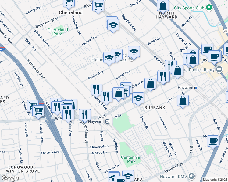 map of restaurants, bars, coffee shops, grocery stores, and more near 266 Smalley Avenue in Hayward