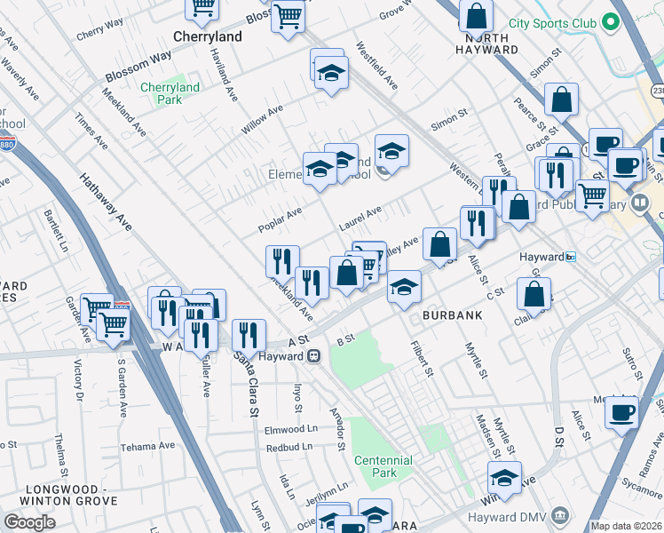 map of restaurants, bars, coffee shops, grocery stores, and more near 266 Smalley Avenue in Hayward